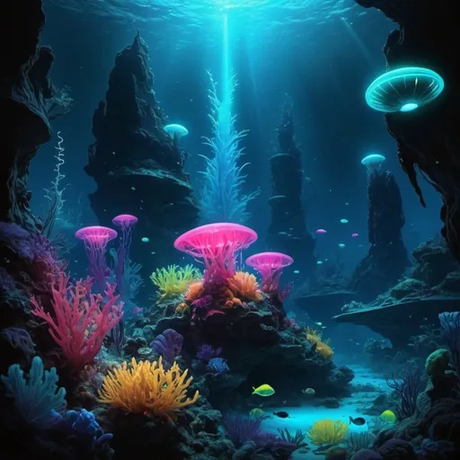 Prompt:  (Keyword: Bioluminescent): Generate an underwater scene on an extraterrestrial ocean planet, featuring bioluminescent organisms lighting up the depths with vibrant colors.