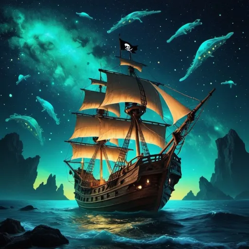 Prompt: (Keyword: Photoluminescence): Illustrate a pirate ship sailing under a photoluminescent galaxy, where the ocean glows with bioluminescent creatures and the night sky shimmers with celestial light.