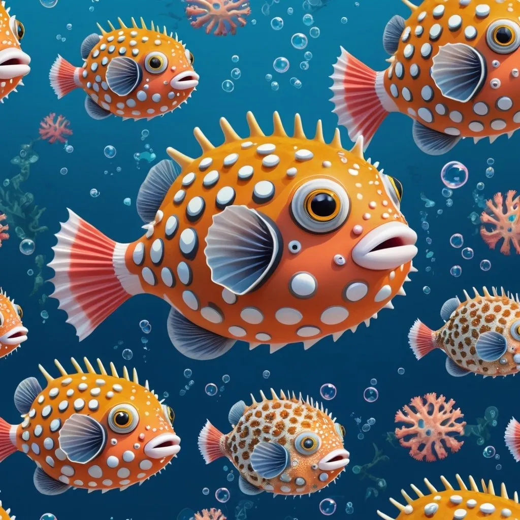 Prompt: ((masterpiece)), (best quality), (detailed), pufferfish, ocean, tropical fish, inflated, spiny, round, cartoonish, cute, quirky, patterns, swirls, bubbles, coral reef, undersea