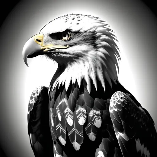 Prompt: "Radiolucent raptor, a bald eagle's essence captured in x-ray light, its skeletal form adorned with intricate patterns reminiscent of traditional Native American art."