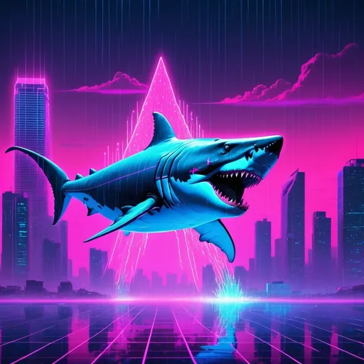 Prompt: "A neon synthwave megalodon, its massive prehistoric form glowing with vibrant pinks and blues, breaching through a vaporwave cityscape of glowing grids and digital rain."