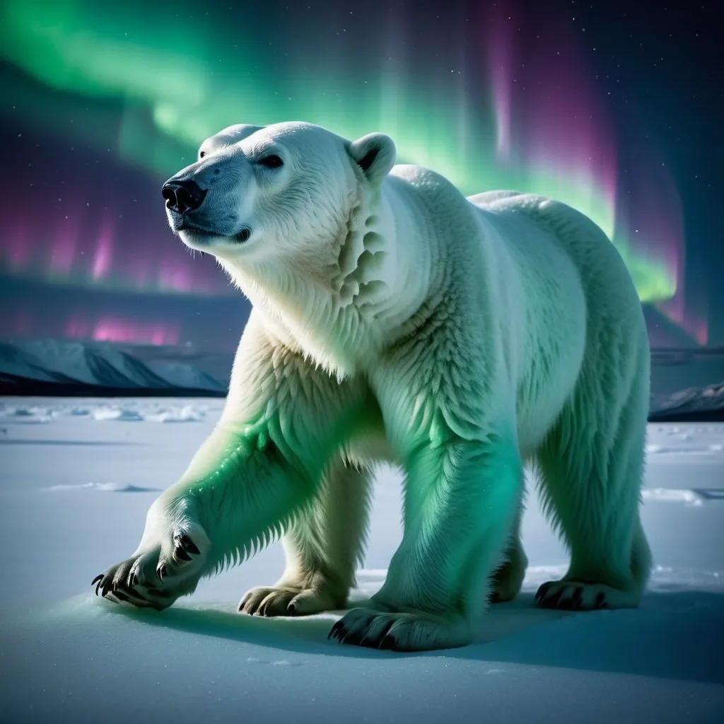 Prompt: A radiumescent polar bear spirit prowls across the Arctic night, its ghostly form sculpted from pale, glowing radiation. The bear's fur shimmers with a soft emerald radiance, like ghostly foxfire, while its blazing eyes cut through the darkness. Each step across the frozen tundra leaves a faint trail of Cherenkov radiation, bathing the surrounding ice and snow in a spectral glow. The auroras blaze overhead in a kaleidoscope of color and light.