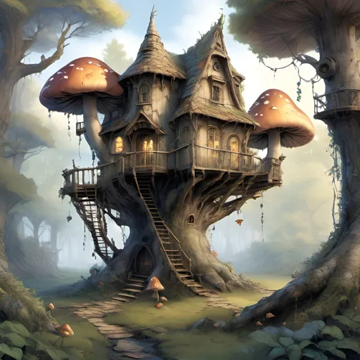 Prompt: A highly detailed photorealistic image of a magical treehouse hidden deep within an enchanted forest, with glowing mushrooms and fairies fluttering about, Type of Image: Fantasy scene, Art Styles: Whimsical, Tolkien inspired, Art Inspirations: John Howe, Alan Lee, Renderings: Soft lighting, Depth of field, Camera: 35mm lens, Establishing shot