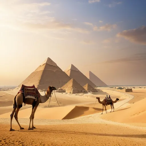 Prompt: ((masterpiece)), (best quality), (detailed), Pyramids of Giza, Egypt, pharaohs, desert, sand, camels, horizon, ancient, monumental, majestic, timeless