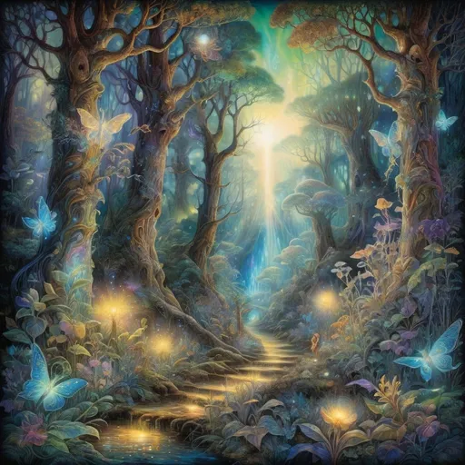 Prompt: "Photoluminescent artwork in the style of Josephine Wall, depicting a dreamlike forest illuminated by glowing flora and fauna, with ethereal figures wandering through the enchanting, luminescent scene."