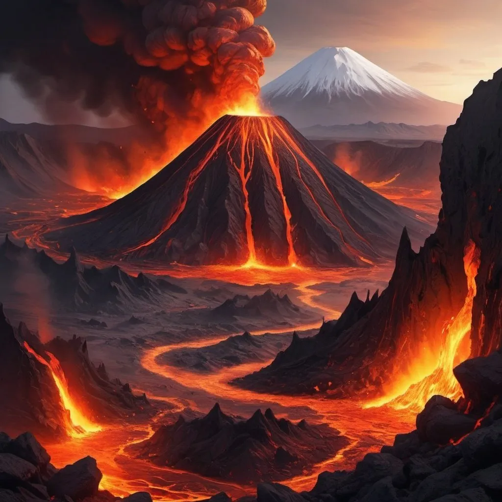 Prompt: 🌋🔥 "Immerse yourself in a land of 🔥 fiery volcanoes, 🌋 molten lava rivers, and 🔮 ancient ruins. Create an explosive graphic that captures the raw power and mystery of this extraordinary mystical land. 🖌️"