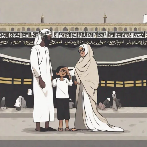 Prompt: Create an illustration that depicts the theme of 'Being Good to Our Parents.' The scene should be heartwarming and emphasize love, respect, and care. Imagine a cozy, warm home setting.
A man with black glasses seen helping his  elderly mother who use hijab during hajj in front of kaaba in mecca.
The expressions should convey joy, gratitude, and deep affection. Use soft, warm colors to evoke a sense of comfort and tenderness.