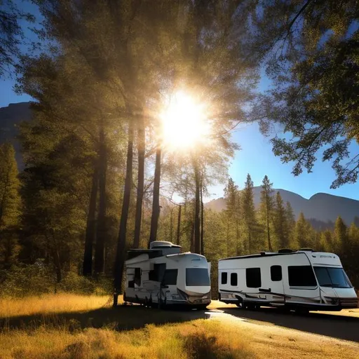 Prompt: Mountain scene, later afternoon sun, warm day, highway, modern RV parked in the grass, beam of sunlight cuts through trees, photo-realistic