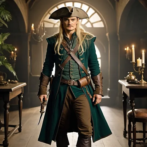 Prompt: Full body of Orlando Bloom as Legolas in an elaborate fancy pirate costume with hat and coat, holding a spyglass