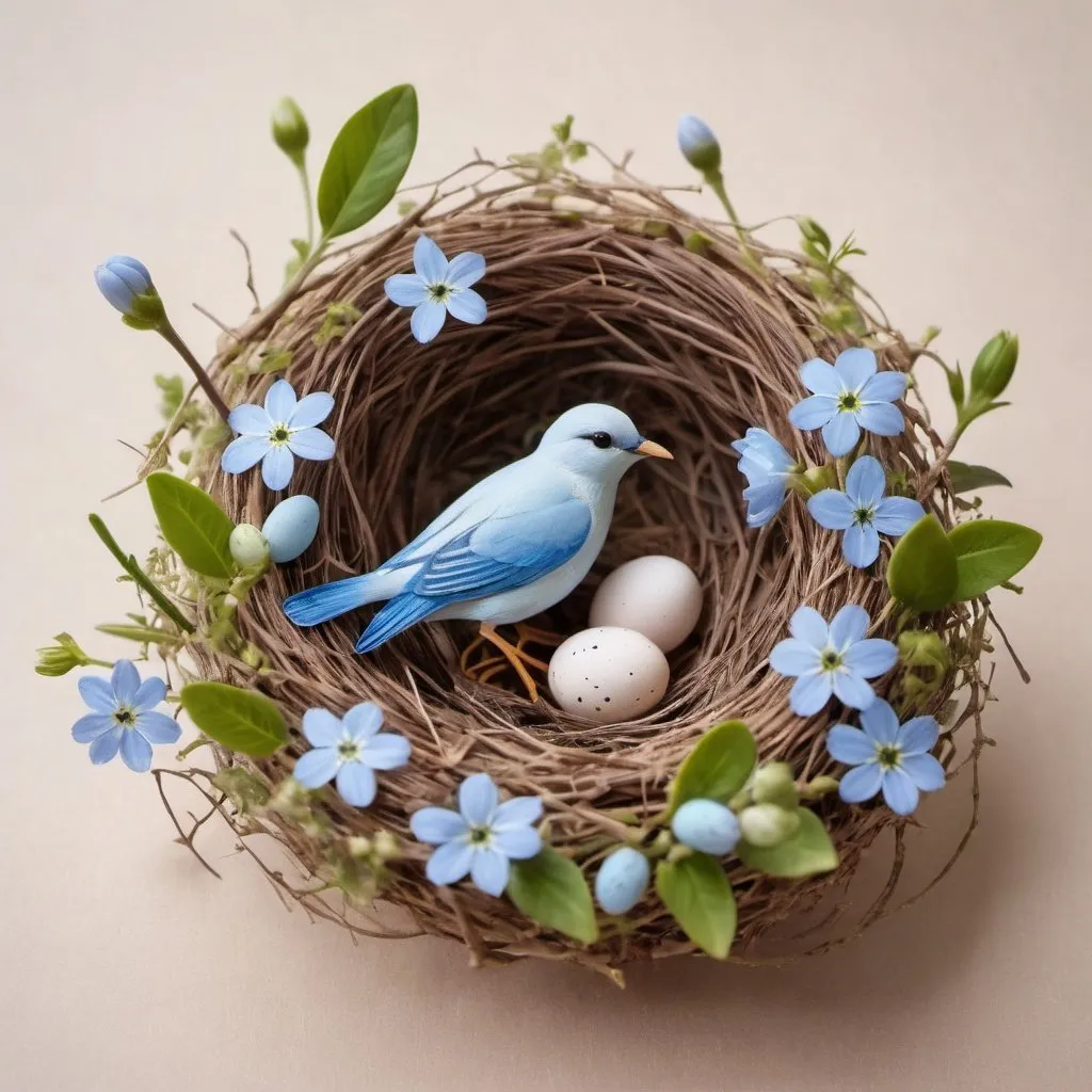Prompt: a delicate easter card with small blue flowers and a bird and small eggs in a nest 
