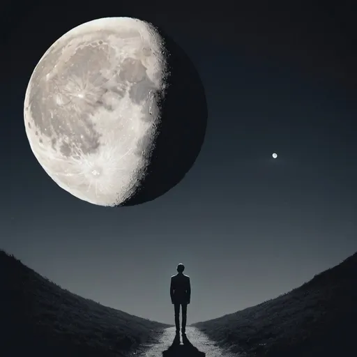 Prompt: A man facing away towards the moon done in the style of an album cover 