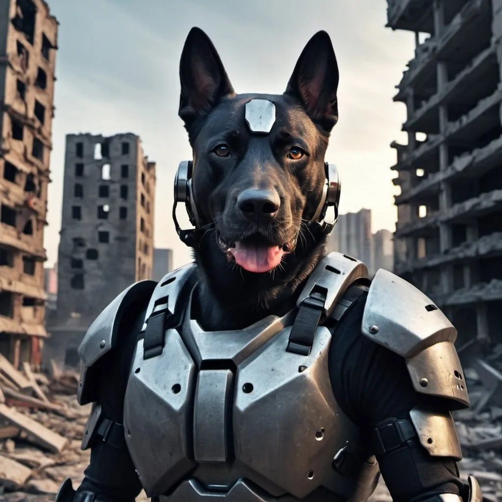 Prompt: futuristic, fps, military armor, dog shaped helmet, background city ruins, Hyper realistic, sharp focus, Professional, UHD, HDR, 8K, dark vibe, loud, tension, traumatic, dark, violent, fighting