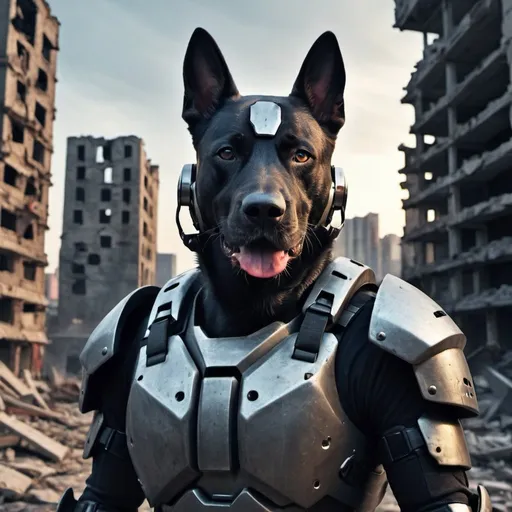 Prompt: futuristic, fps, military armor, dog shaped helmet, background city ruins, Hyper realistic, sharp focus, Professional, UHD, HDR, 8K, dark vibe, loud, tension, traumatic, dark, violent, fighting