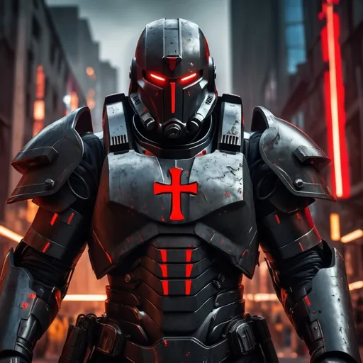 Prompt: Dark Templar,  ancient but futuristic power armor with 6 glowing eyes vertical helmet, red glowing cross on chest, Realistic  dark military armor punisher type helmet, background ruined city,  very coherent symmetrical artwork. cinematic hyper realism, high detail, octane render, 8 k Professional, UHD, HDR, 8K, Render, electronic, dramatic, vivid, pressure, stress, menacing vibe,  dark, fighting, Epic