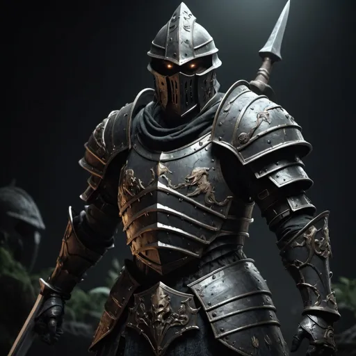 Prompt: THE CURSED, fps, menacing soldier, hunter, ancient organic plate armor, dark theme, fighting, 8k rendering