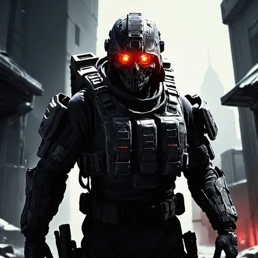 Prompt: call of duty ghost, small red glowing eyes, fps, futuristic armor, ruined city