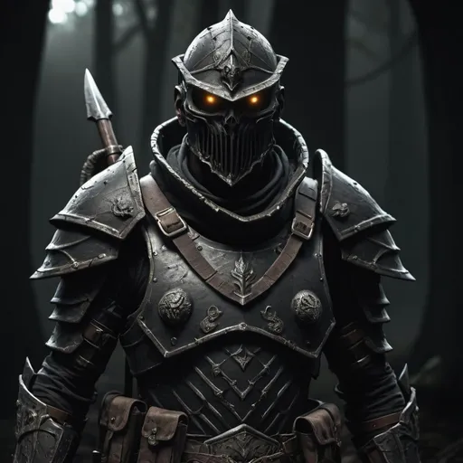 Prompt: THE CURSED, fps, menacing soldier, hunter, ancient organic armor, dark theme, 