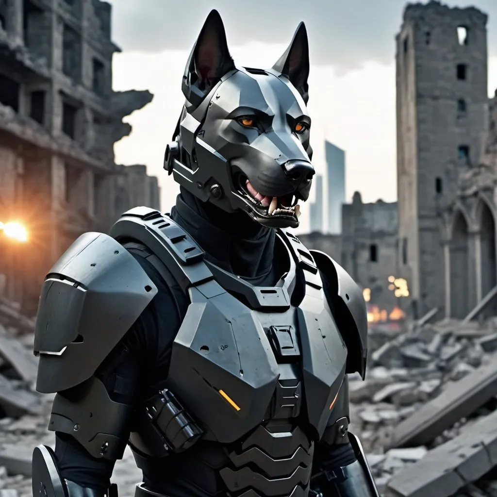 Prompt: futuristic, fps, military armor, k-9 shaped helmet, dark armor, background city ruins, Hyper realistic, sharp focus, Professional, UHD, HDR, 8K, gothic vibe, loud, tension, traumatic, dark,  fighting