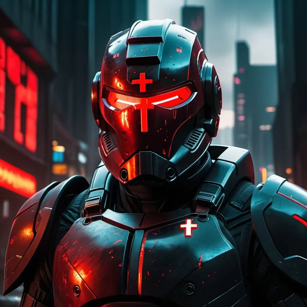 Prompt: Dark Templar, altered carbon, power armor with 6 glowing eyes vertical helmet, red glowing cross on chest, Realistic  dark military armor punisher type helmet, background ruined city, Hyperrealistic, very coherent symmetrical artwork. cinematic, key art, hyper realism, high detail, octane render, 8 k Professional, UHD, HDR, 8K, Render, electronic, dramatic, vivid, pressure, stress, menacing vibe, tension, dark, fighting, Epic