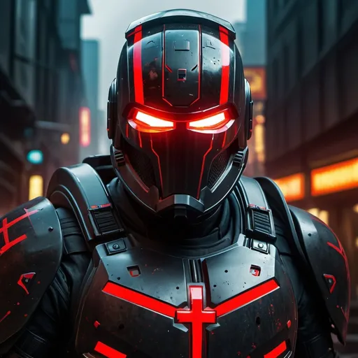 Prompt: Dark Templar, altered carbon, power armor with 6 glowing eyes vertical helmet, red glowing cross on chest, Realistic  dark military armor punisher type helmet, background ruined city, Hyperrealistic, very coherent symmetrical artwork. cinematic, key art, hyper realism, high detail, octane render, 8 k Professional, UHD, HDR, 8K, Render, electronic, dramatic, vivid, pressure, stress, menacing vibe, tension, dark, fighting, Epic