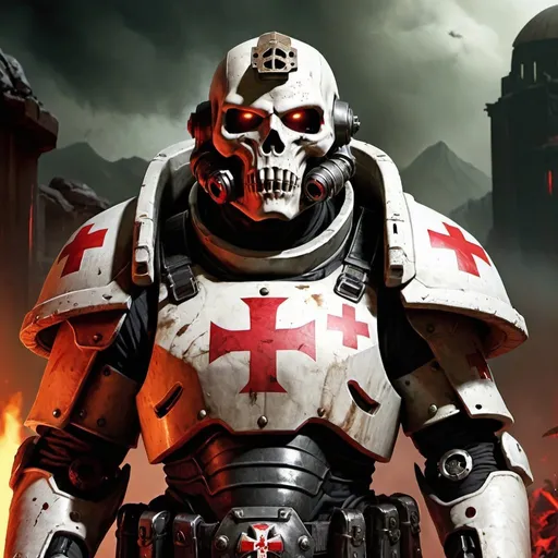 Prompt: Templar in power armour,  fps, skull face mask, red cross on chest, doom and 40 K theme