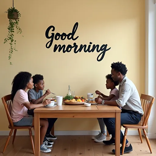 Prompt: Black Family sitting at a table eating breakfast. Wall written good morning 