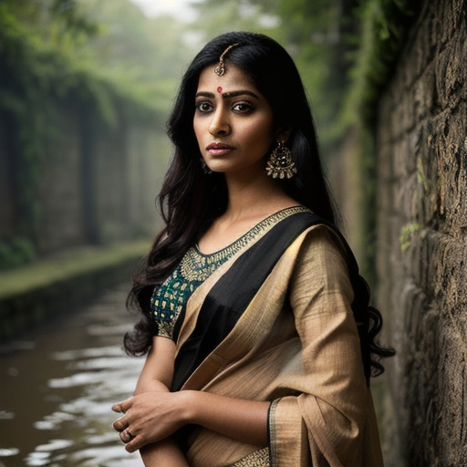 Prompt: an Indian Bengali lady dressed in elegant matching saree. Photo of Woman, black balayage long hair, blouse, saree, earrings, high quality, photorealistic, ultra-realistic, outdoor, old stone buildings, wild nature, A wall overgrown with vegetation, plants on walls, flowers, there is a puddle with the lady's reflection, distance scene, in the middle, in highly realistic style, , Mysterious