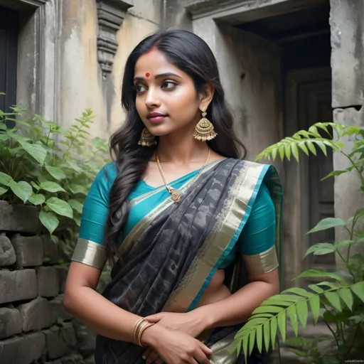 Prompt: an Indian Bengali lady dressed in elegant matching saree. Photo of Woman, black balayage long hair, blouse, saree, earrings, high quality, photorealistic, ultra-realistic, outdoor, old stone buildings, wild nature, A wall overgrown with vegetation, plants on walls, flowers, there is a puddle with the lady's reflection, distance scene, in the middle, in highly realistic style, , Mysterious