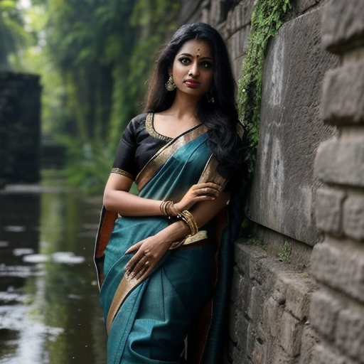 Prompt: an Indian Bengali lady dressed in elegant matching saree. Photo of Woman, black balayage long hair, blouse, saree, earrings, high quality, photorealistic, ultra-realistic, outdoor, old stone buildings, wild nature, A wall overgrown with vegetation, plants on walls, flowers, there is a puddle with the lady's reflection, distance scene, in the middle, in highly realistic style, , Mysterious