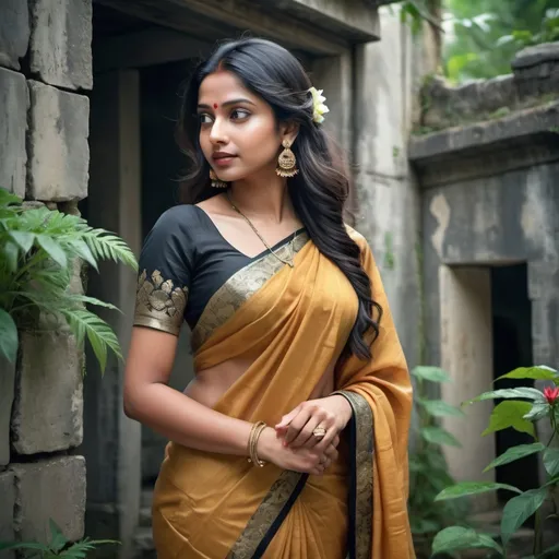 Prompt: an Indian Bengali lady dressed in elegant matching saree. Photo of Woman, black balayage long hair, blouse, saree, earrings, high quality, photorealistic, ultra-realistic, outdoor, old stone buildings, wild nature, A wall overgrown with vegetation, plants on walls, flowers, there is a puddle with the lady's reflection, distance scene, in the middle, in highly realistic style, , Mysterious