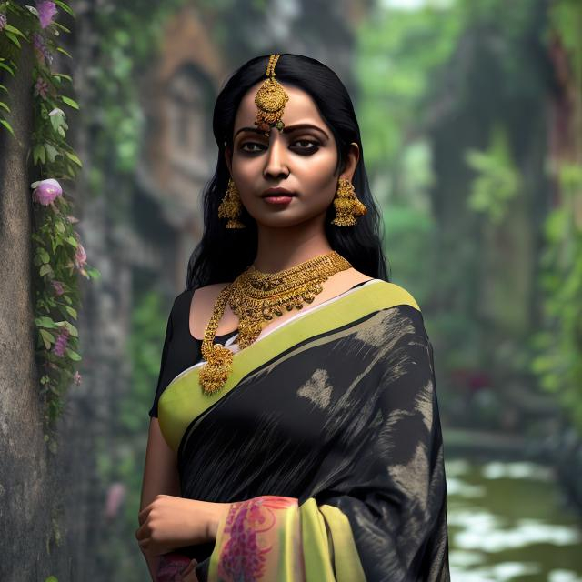 Prompt: an Indian Bengali lady dressed in elegant matching saree. Photo of Woman, black balayage long hair, blouse, saree, earrings, high quality, photorealistic, ultra-realistic, outdoor, old stone buildings, wild nature, A wall overgrown with vegetation, plants on walls, flowers, there is a puddle with the lady's reflection, distance scene, in the middle, in highly realistic style, , Mysterious