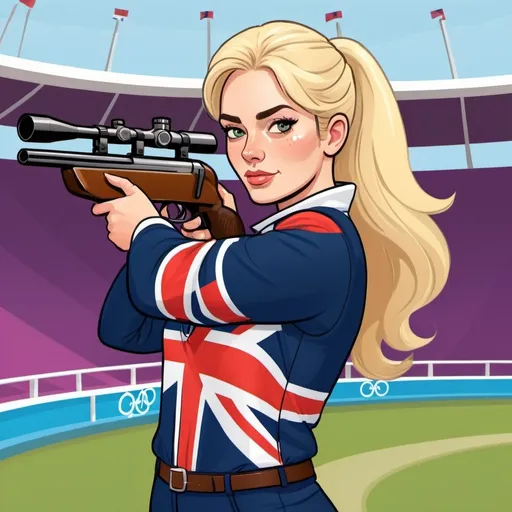 Prompt: A blonde female british skeet shooter at the Olympics, cartoon style.
