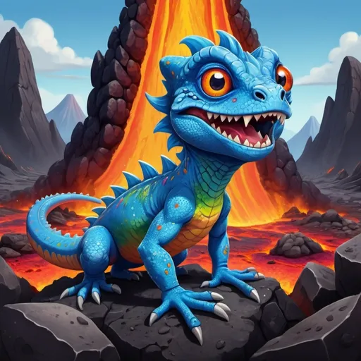 Prompt: (blue lizard cartoon character) with whimsical human body, large expressive eyes, playful smile, and detailed scales, standing in a vibrant volcano setting filled with colorful lava and rocks, (angry ambiance), high definition, captivating, lively expression, fun and imaginative design.