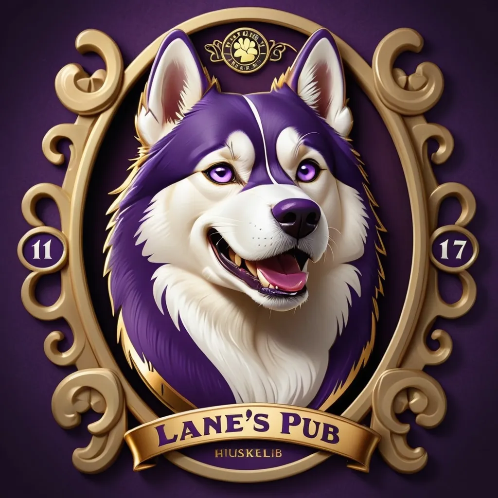 Prompt: Irish pub styled logo using purple and gold colors, pub name "Lane's Pub 71" , established in 2024 and featuring a siberian husky in the logo