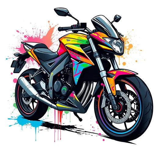 Prompt: Colorful graffiti illustration of a sport motorcycle, paint splashes, vector t-shirt art, white background