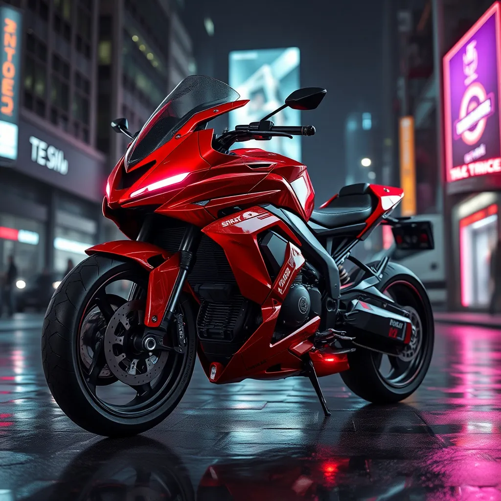 Prompt: A Hyperrealistic red armored hypermotorcycle, with futuristic design, parked in a cyberpunk city street at night , with neon lights reflecting on the car bodywork and wet ground, with an advertising billboard on a building behind the motorcycle, high-tech architecture,  epic realism, rendered in 8k