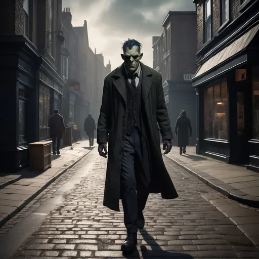 Prompt: (Frankenstein walking down the high street), detailed clothing, photorealistic, natural lighting, atmospheric mood, urban background, dynamic cityscape, high-detail, immersive scene, playful contrast of horror and everyday life, dramatic shadows, vibrant street life elements, ultra-detailed, cinematic quality, capturing an intriguing juxtaposition of character and setting.