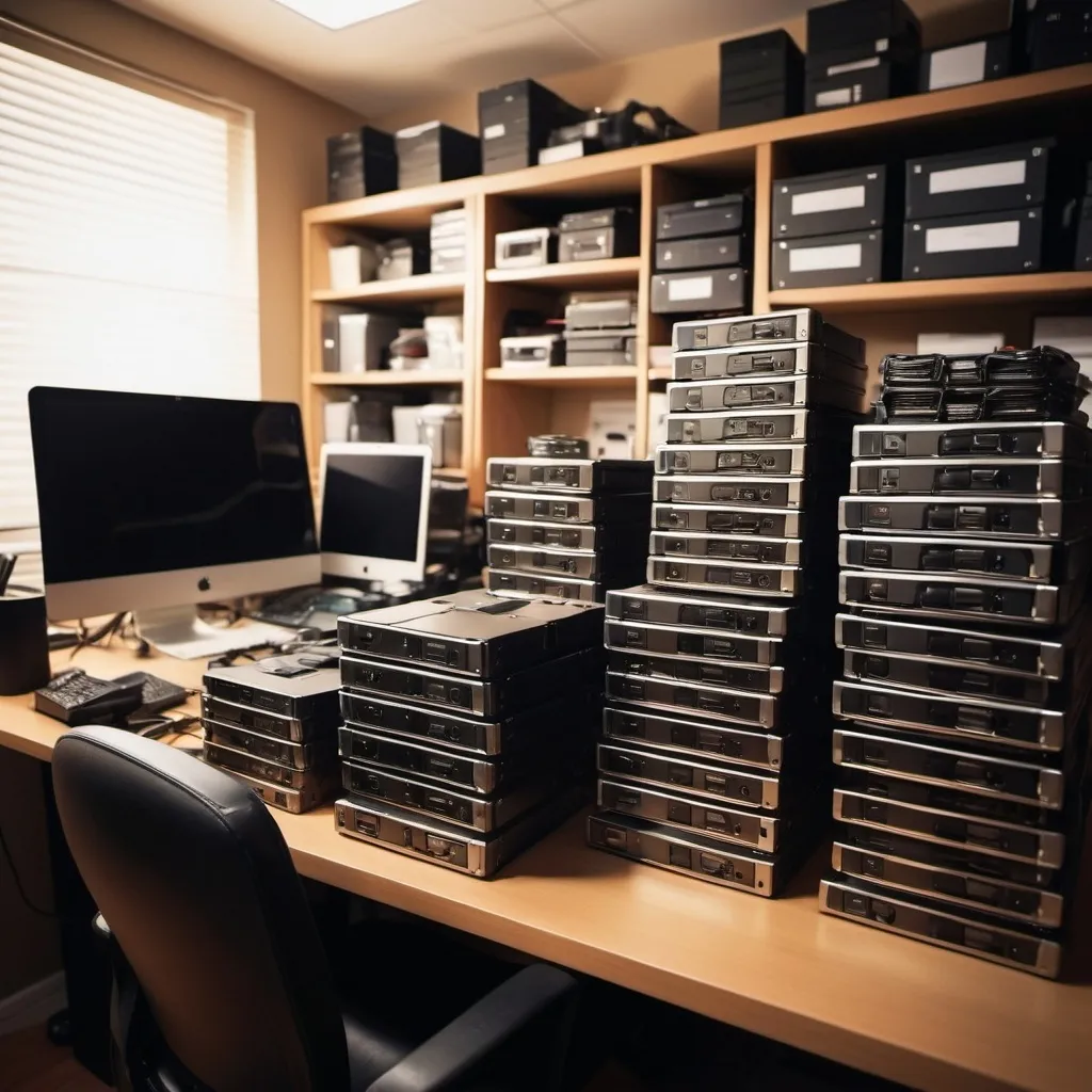 Prompt: Photographer's office with stacks of hard drives, organized chaos, high quality, professional, warm lighting, detailed clutter, realistic, professional photography, organized mess, stacks of hard drives, creative workspace, cozy atmosphere, highres, detailed, warm tones, professional lighting, authentic