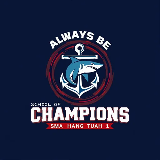 Prompt: A bold design captures the spirit of SMA Hang Tuah 1 with a striking navy blue background that exudes confidence and strength. At the center, a fierce shark emblem dominates, intertwined with an anchor, symbolizing resilience and determination. Above the emblem, the motivational phrase "ALWAYS BE VICTORIOUS" boldly proclaims the school's ethos, while the phrase "SCHOOL OF CHAMPIONS" emphasizes excellence in education and character. The text, rendered in a mix of bright white and deep red hues, suggests a lively and spirited environment, making it clear that this institution champions both academic success and personal growth. The overall composition harmoniously blends imagery and wording to convey a powerful message of triumph and unity within the school community.