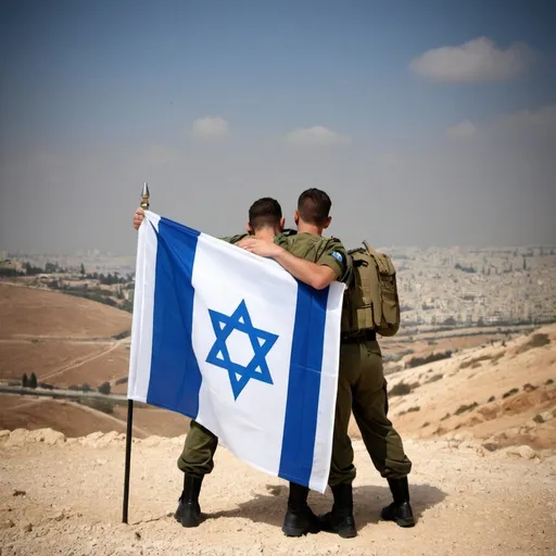 Prompt: Two IDF soldiers hugging each other with the Israeli flag in the background can symbolize the main values ​​of the Israel Defense Forces: unity, defense of the homeland and love of the country. The soldiers hugging each other express the strong bond between the soldiers and the mutual support between them, especially in times of stress and danger. Flag Israel in the background reinforces the patriotic message and reminds the main goal for which they are fighting - protecting the country and its citizen
