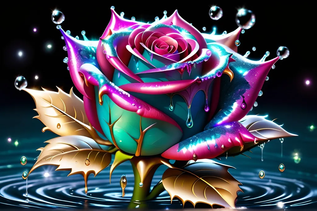 Prompt: A rose of a godlike light and brilliant detailed color with thorns of glittery dripping water and a hullucination expression of love and life