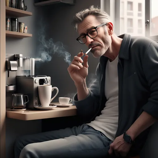 Prompt: Homme blanc avec des lunettes cinquantenaire buvant du café près de sa machine à café et fumant une cigarette dans un tout petit appartement 