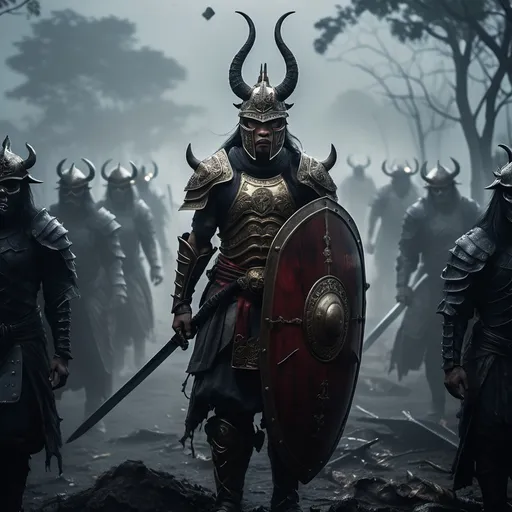 Prompt: (A heroic figure), Asian man in a (horned helmet), (intricate armor), holding a (shield and sword), surrounded by countless (fallen corpses), thick (ominous fog) enveloping the scene, (dark and gloomy) atmosphere, intense emotional depth, (cinematic lighting) illuminating the scene, (4K ultra-detailed) image quality, dramatic visual storytelling, evoking a sense of victory and despair.