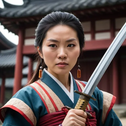 Prompt: SEH-DONG-HONG-BEH in a traditional outfit, holding a historically-accurate sword, a determined look on her face, wide shot, low angle, in the style of a graphic novel