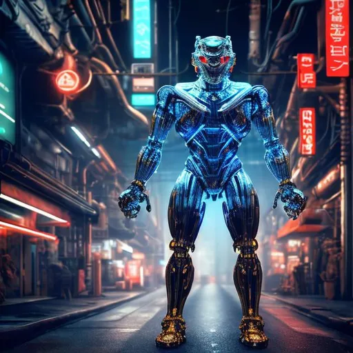 Prompt: Detailed 4k digital illustration of a muscular humanoid robot with car parts integrated into its legs, metallic sheen, futuristic sci-fi style, glowing neon accents, high-tech urban setting, sleek and polished design, intense and powerful stance, dynamic lighting, high quality, futuristic, mechanical legs, robotic, metallic sheen, glowing neon, urban sci-fi, powerful stance, dynamic lighting