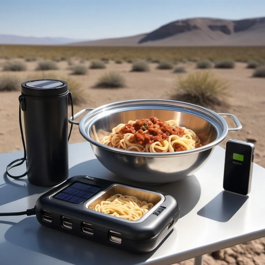 Prompt: "Realistic image of a soldier's field meal heating system. Center: stainless steel bowl with transparent lid, filled with pasta bolognese. Bowl on dark heating element. Left: small black portable charger connected to heater. Right background: thin flexible solar panel. Desert landscape, blue sky. Focus on technical details. Bowl has insulated exterior, safe handles. Charger looks rugged. Include military backpack nearby. Photorealistic style, high detail