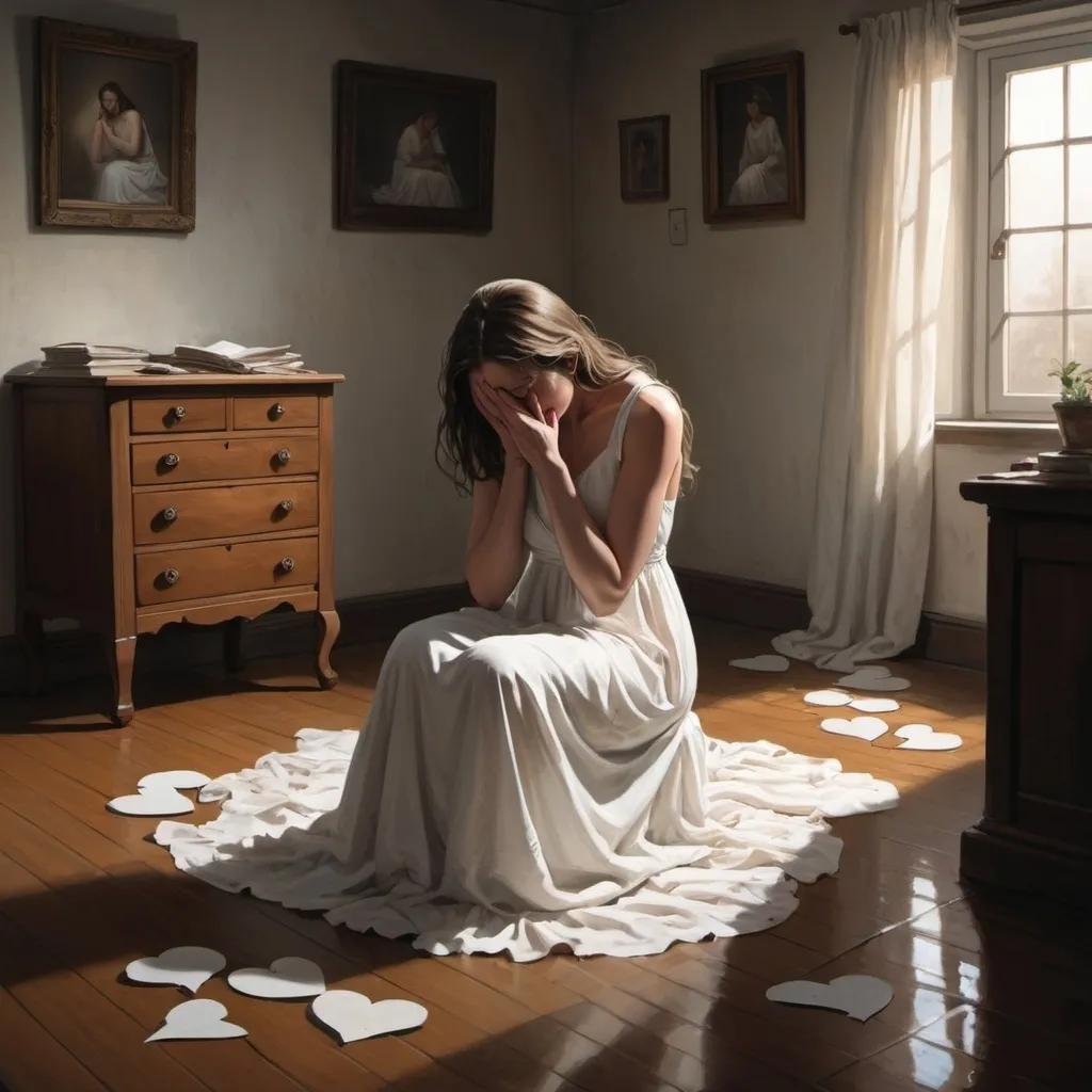 Prompt: an illustration of a reflective and symbolic portrayal of a woman struggling with overwhelming guilt, crouched over holding her head in her hands, wearing a flowing white dress, sitting alone in a dimly lit room, heart-wrenching atmosphere, surrounded by reminders of how she failed her children