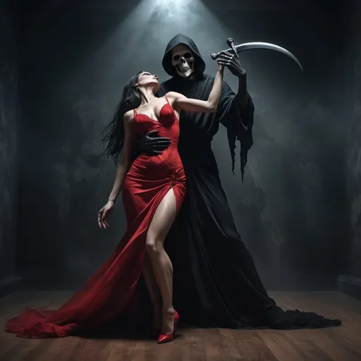 Prompt: (dark-haired woman in a red dress slit up the side), entwined in a tango with the (Grim Reaper), a hauntingly beautiful dance, dynamic poses, emozione intensa, dramatic chiaroscuro lighting, dark and moody atmosphere, swirling shadows, elaborately detailed clothing, mysterious background with fading light, (4K ultra-detailed) scene, evoking a blend of passion and macabre. The grim reaper has her dipped backwards in his arms. Her sheer stocking right leg is raised to his hip. Her red high heels match her dress Her left leg is on floor.