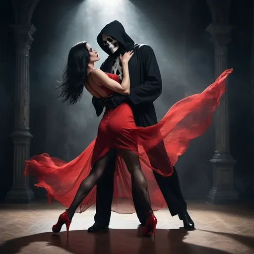 Prompt: (dark-haired woman in a red dress slit up the side), entwined in a tango with the (Grim Reaper), a hauntingly beautiful dance, dynamic poses, emozione intensa, dramatic chiaroscuro lighting, dark and moody atmosphere, swirling shadows, elaborately detailed clothing, mysterious background with fading light, (4K ultra-detailed) scene, evoking a blend of passion and macabre. The grim reaper has her dipped backwards in his arms. Her sheer stocking right leg is raised to his hip. Her red high heels match her dress Her left leg is on floor.