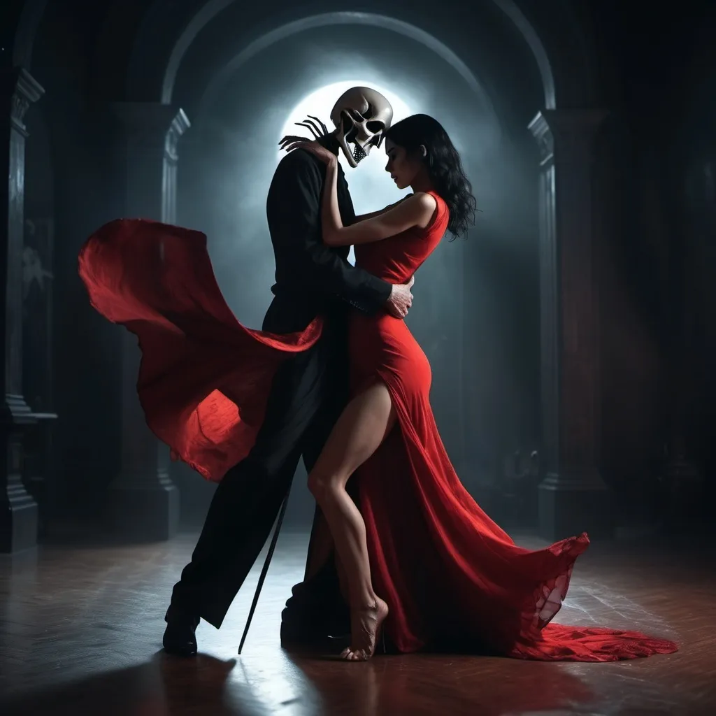 Prompt: a dark haired woman wearing a red dress slit up the side.  She is dancing with the Grim Reaper.  She is in his robed arms being dipped back while dancing a tango. 